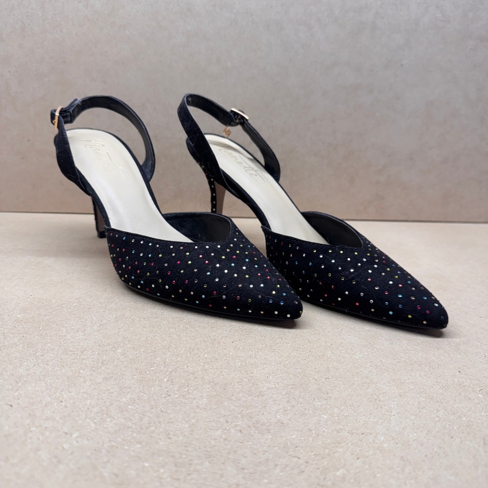Nanette Lepore Slingback Pumps Womens 9 Black Rhinestone Sparkly Glam Party Heel